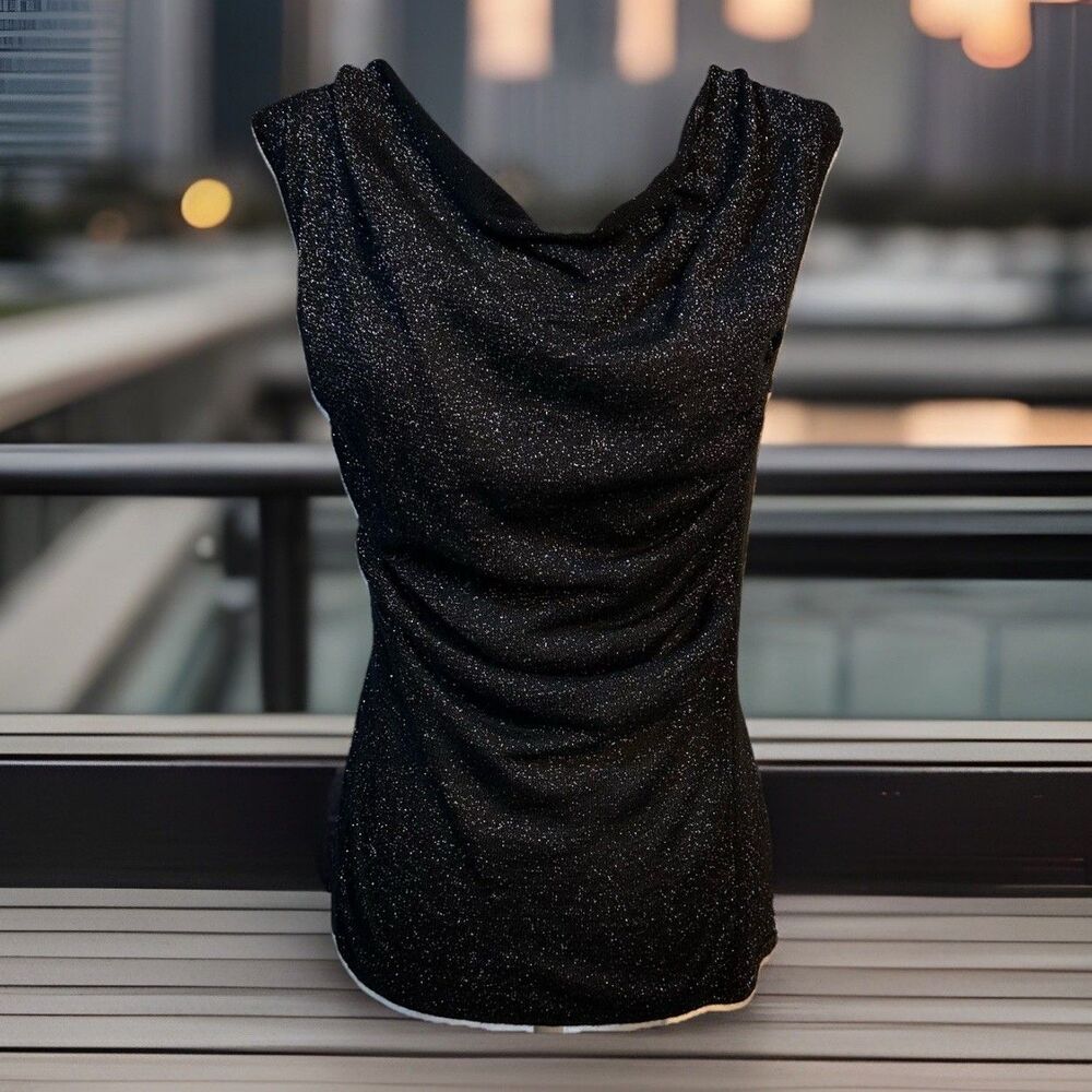 Camille La Vie Semi-Sheer Black with Metallic Thread Sleeveless Cowl Neck Top L